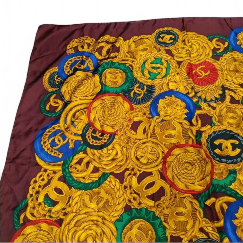 CHANEL Burgundy & Gold CC Logo Jewelry Motif Silk Scarf - Picture 2 of 8